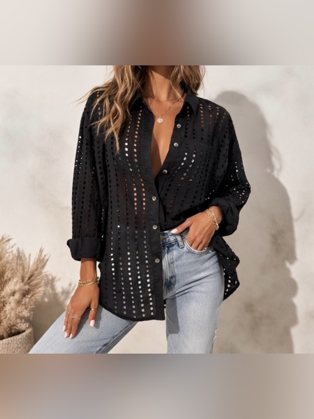 NWT Calia Black Eyelet Oversized Button Down Shirt